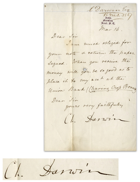 Charles Darwin Letter Signed From 1867